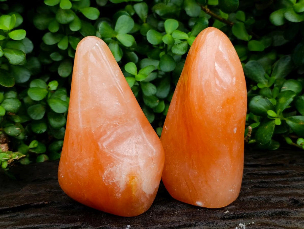 Polished Orange Twist Calcite Standing Free Forms x 2 From Maevantanana, Madagascar