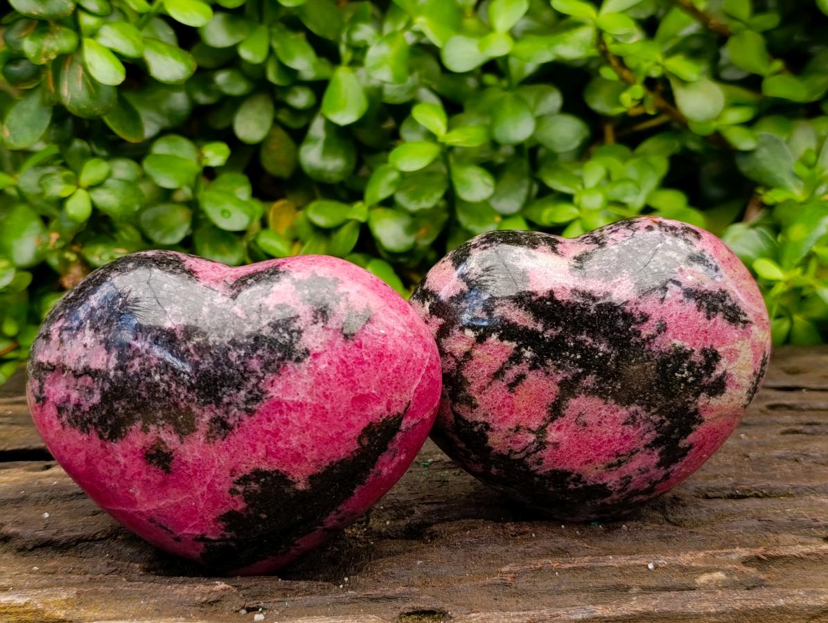 Polished Rhodonite Hearts x 2 From Ambindavato, Madagascar - Toprock Gemstones and Minerals 