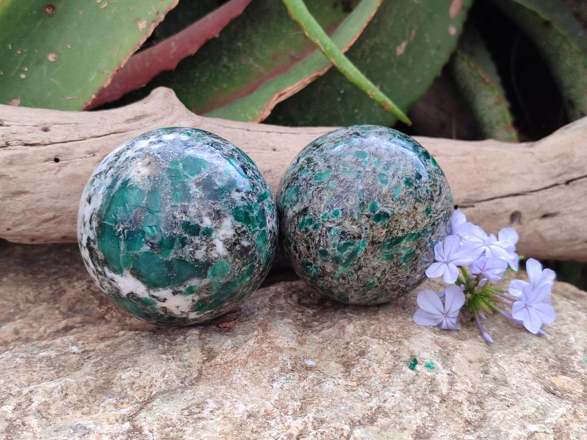 Polished Emerald Mica 'Mutokolite' Standing Free Forms x 2 From Mutoko, Zimbabwe