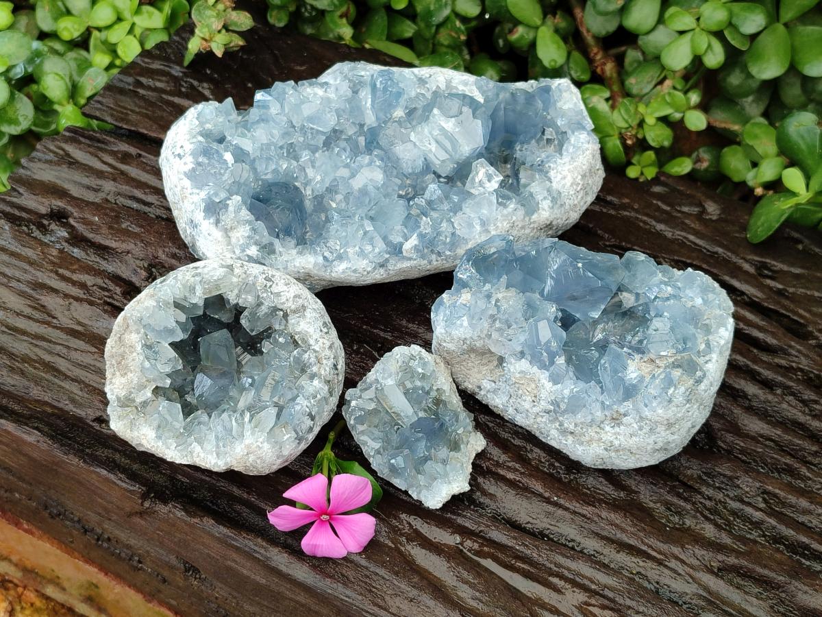 Natural Blue Celestite Geode Specimens x 4 From Sakoany, Madagascar