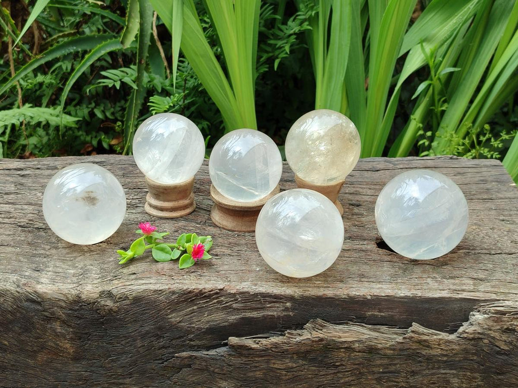 Polished Pearl Girasol Quartz Spheres x 6 From Ambatondrazaka, Madagascar