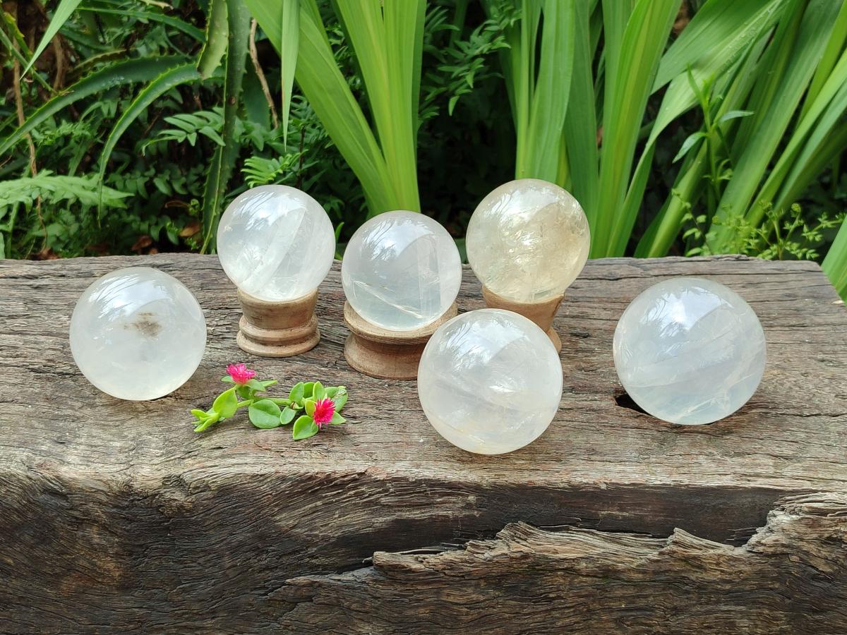 Polished Pearl Girasol Quartz Spheres x 6 From Ambatondrazaka, Madagascar