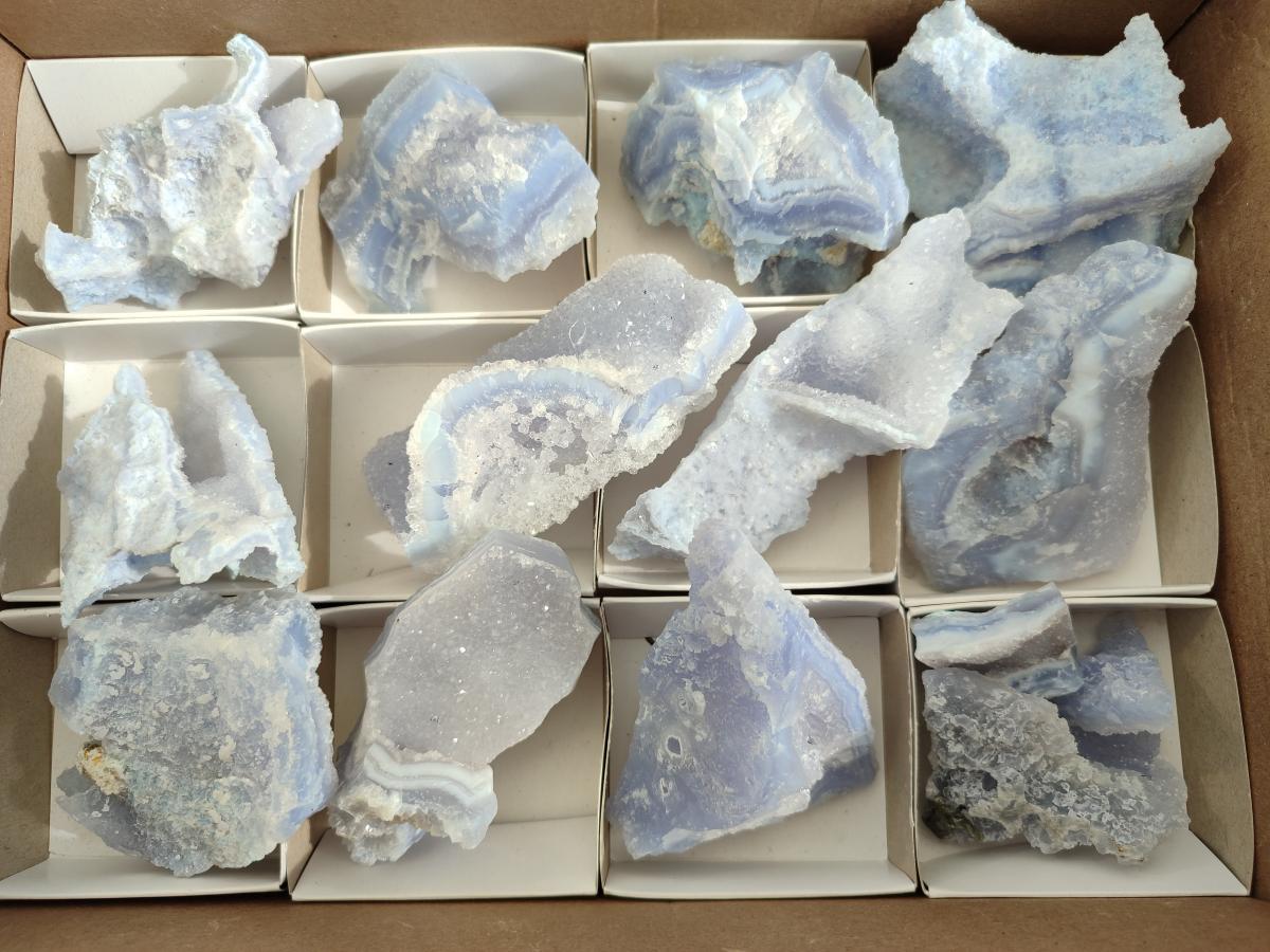 Natural Etched Blue Chalcedony Geodes x 12 From Nsanje, Malawi