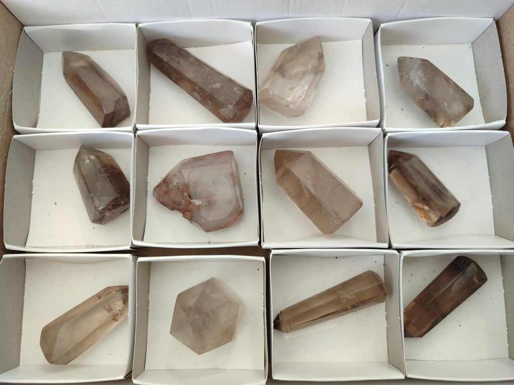 Polished Wispy Smokey Quartz Crystals x 12 From Madagascar