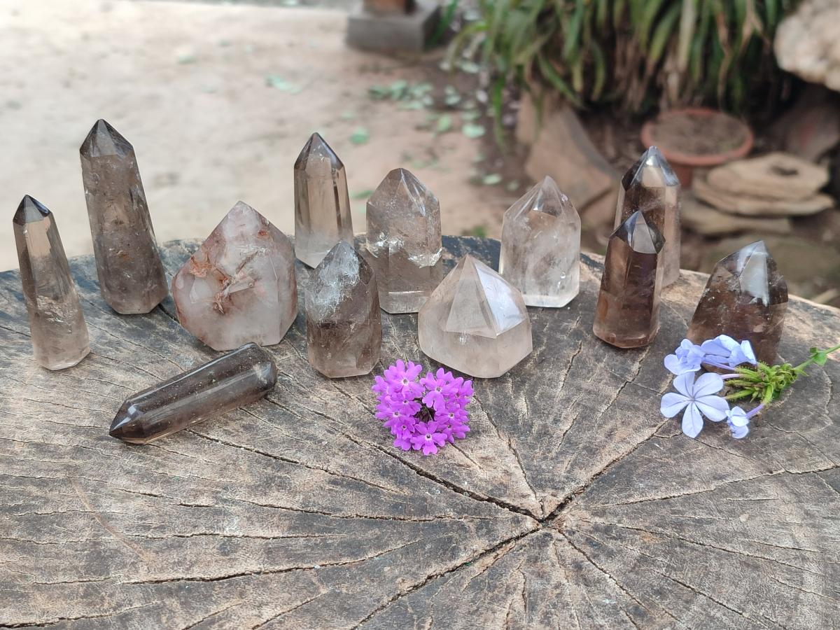 Polished Wispy Smokey Quartz Crystals x 12 From Madagascar