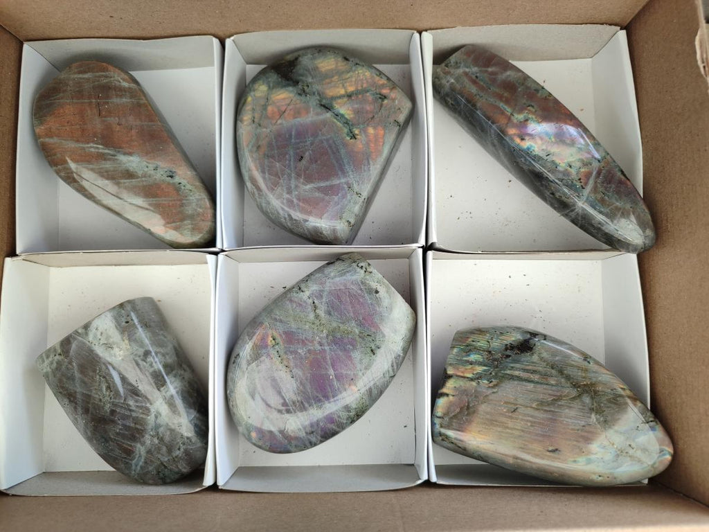 Polished Rare Purple Sunset Flash Labradorite Standing Free Forms x 6 From Tulear, Madagascar