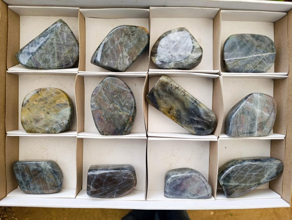 Polished Rare Purple Sunset Flash Labradorite Standing Free Forms x 12 From Tulear, Madagascar - Toprock Gemstones and Minerals 