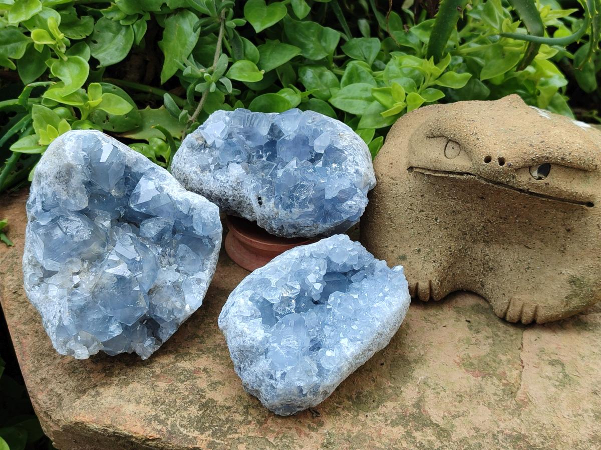Natural Blue Celestite Geode Specimens x 3 From Sakoany, Madagascar - Toprock Gemstones and Minerals 
