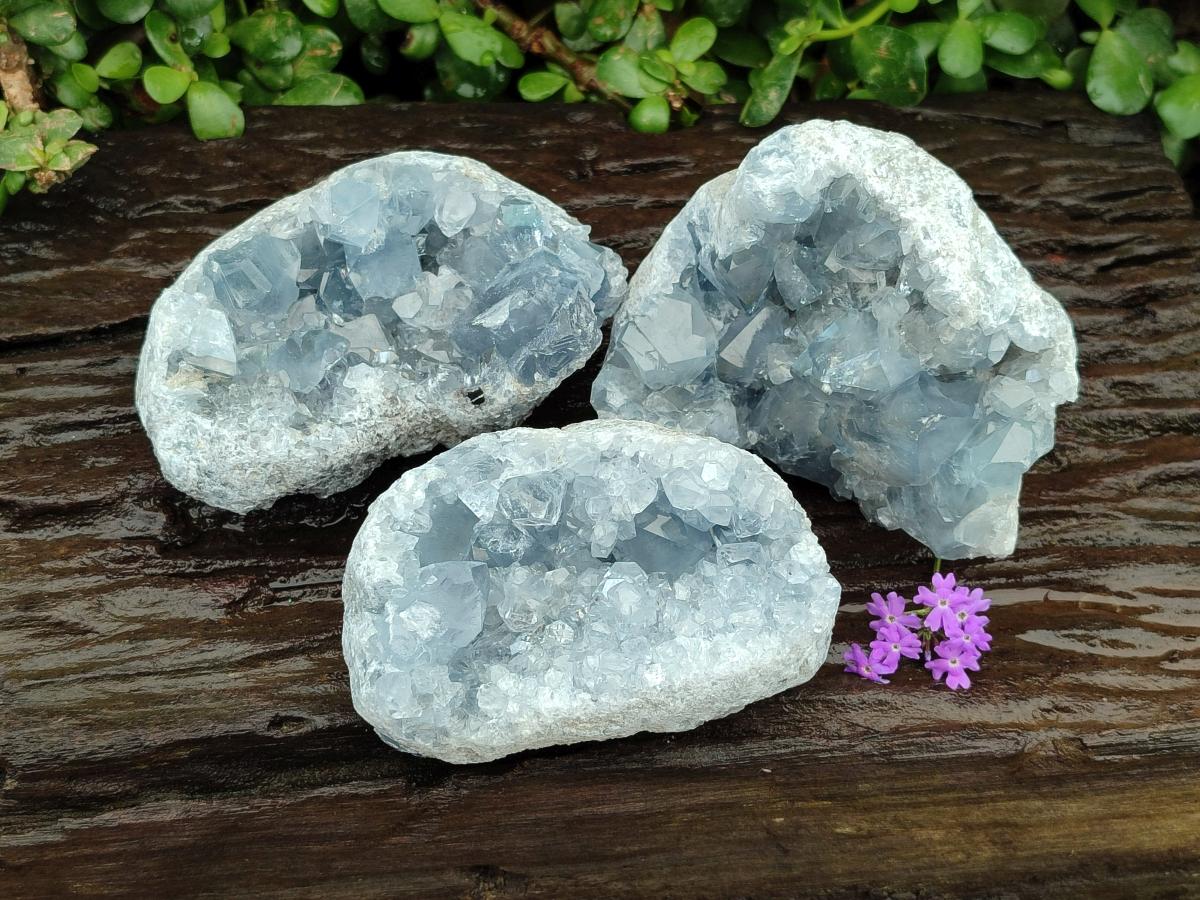 Natural Blue Celestite Geode Specimens x 3 From Sakoany, Madagascar - Toprock Gemstones and Minerals 