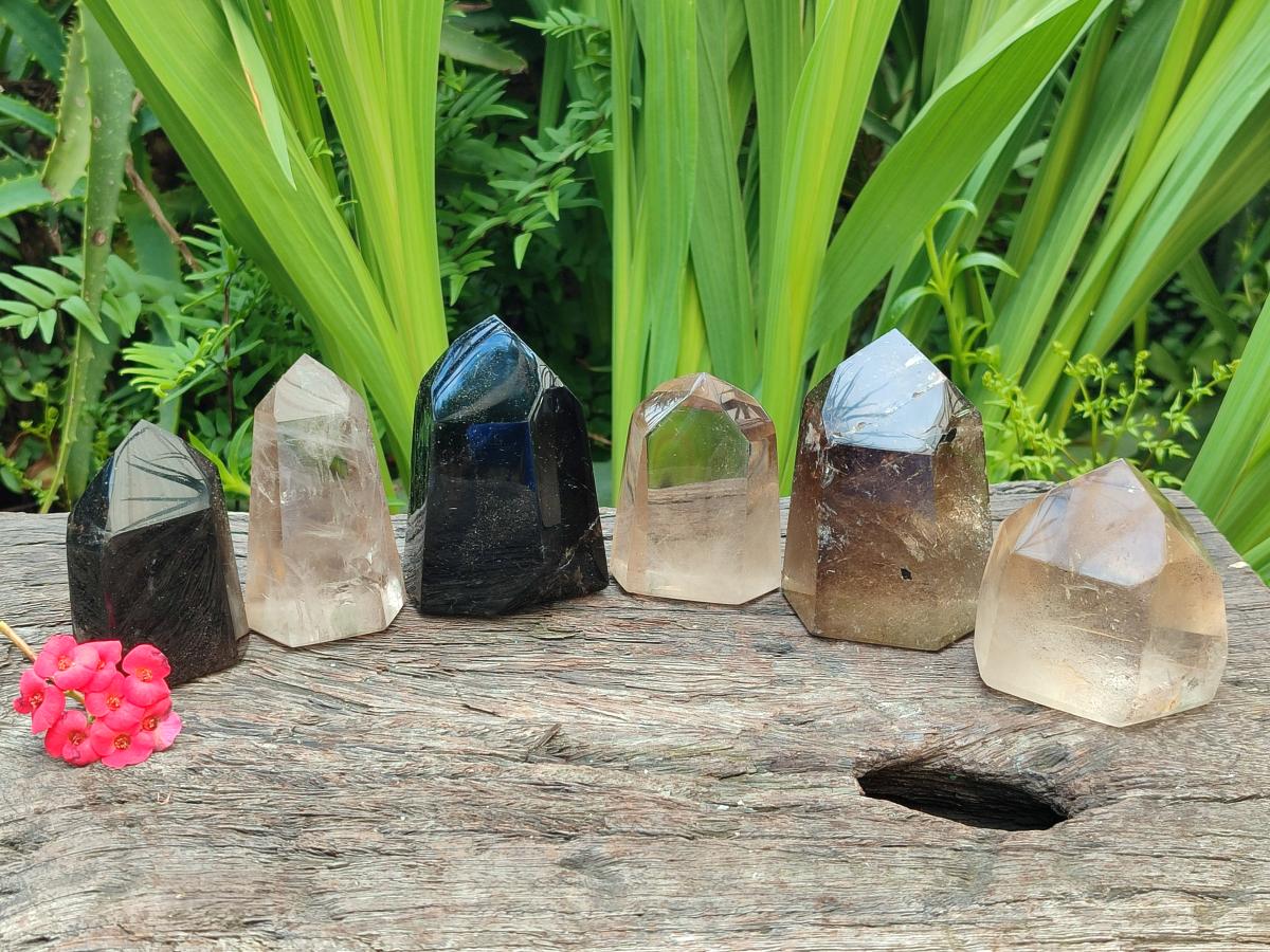 Polished Mix of Smokey and Morion Quartz Crystals x 6 From Madagascar