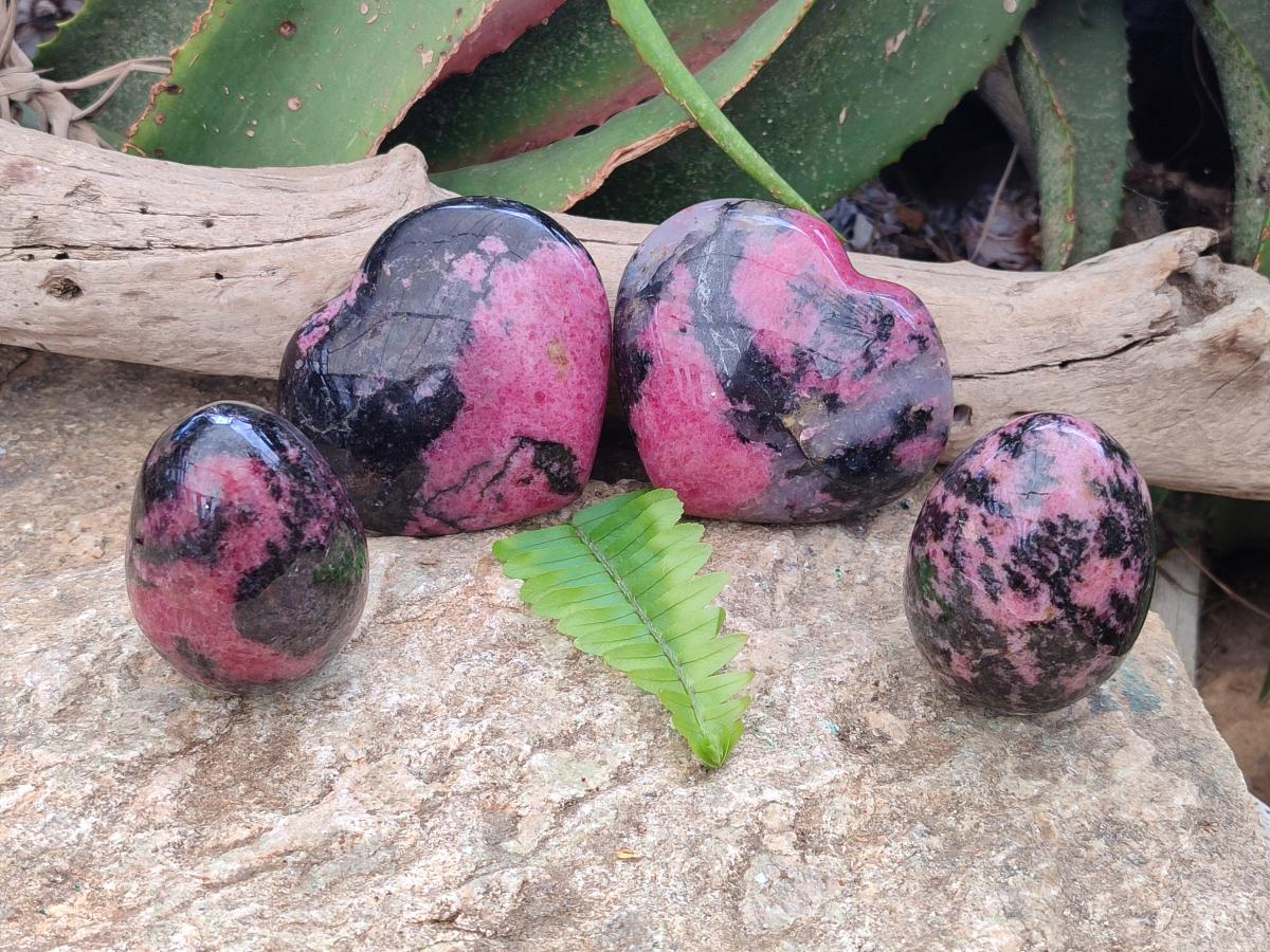 Polished Mix Rhodonite Eggs and Hearts x 4 From Ambindavato, Madagascar