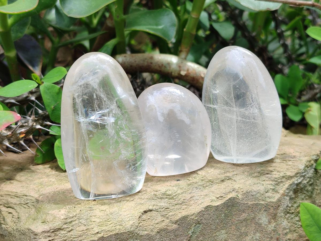 Polished Pearl Girasol Quartz Standing Free Forms x 12 From Ambatondrazaka, Madagascar