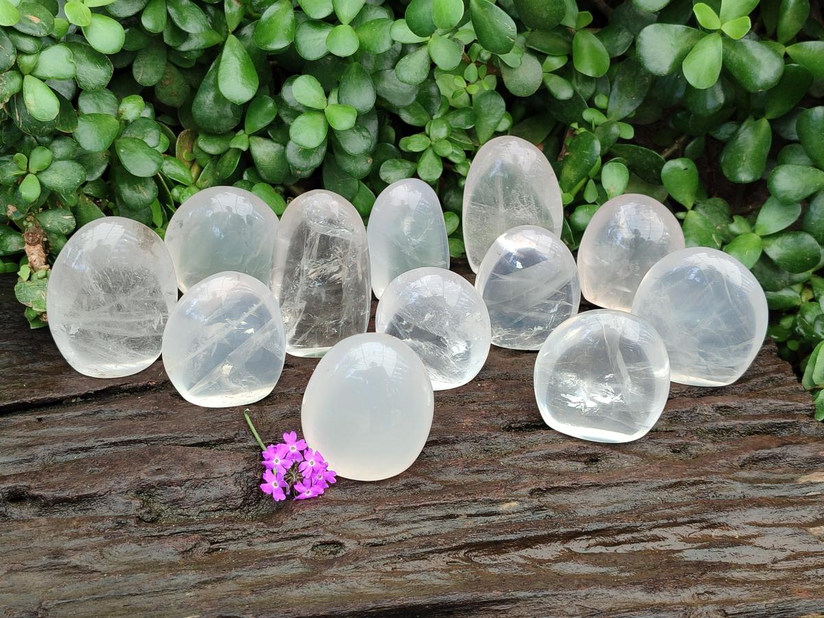 Polished Pearl Girasol Quartz Standing Free Forms x 12 From Ambatondrazaka, Madagascar