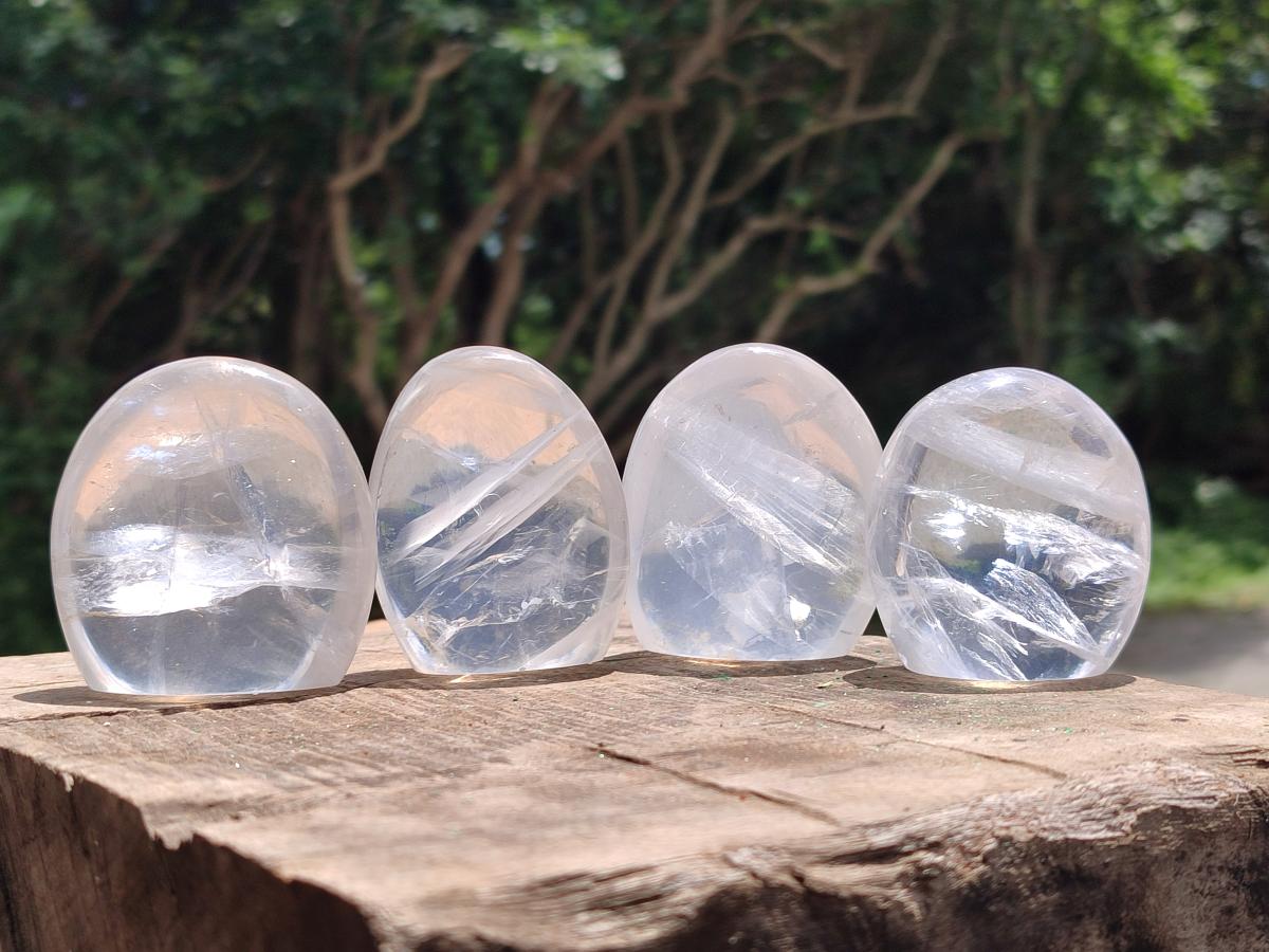 Polished Pearl Girasol Quartz Standing Free Forms x 12 From Ambatondrazaka, Madagascar