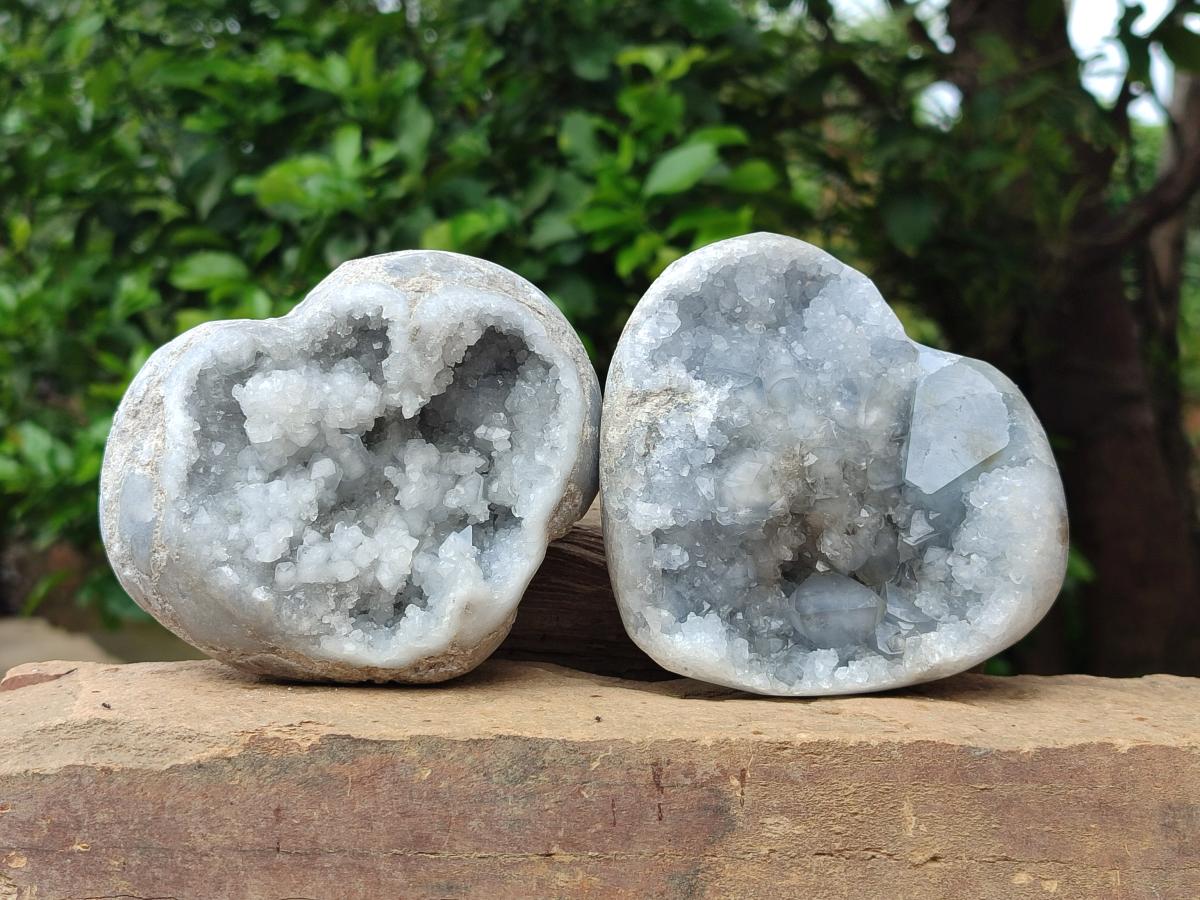 Polished Blue Celestite Geode Hearts x 3 From Sakoany, Madagascar