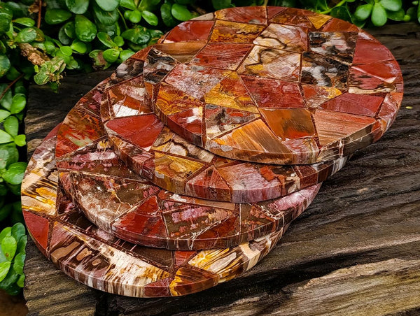 Hand Made Red Podocarpus Petrified Wood Conglomerate Plaques x 4 From Mahajanga, Madagascar