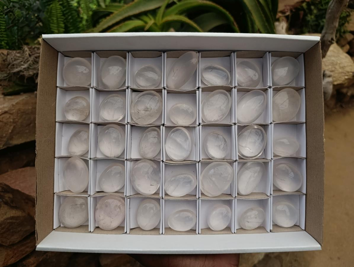 Polished Girasol Pearl Quartz Palm Stones x 35 From Ambatondrazaka, Madagascar