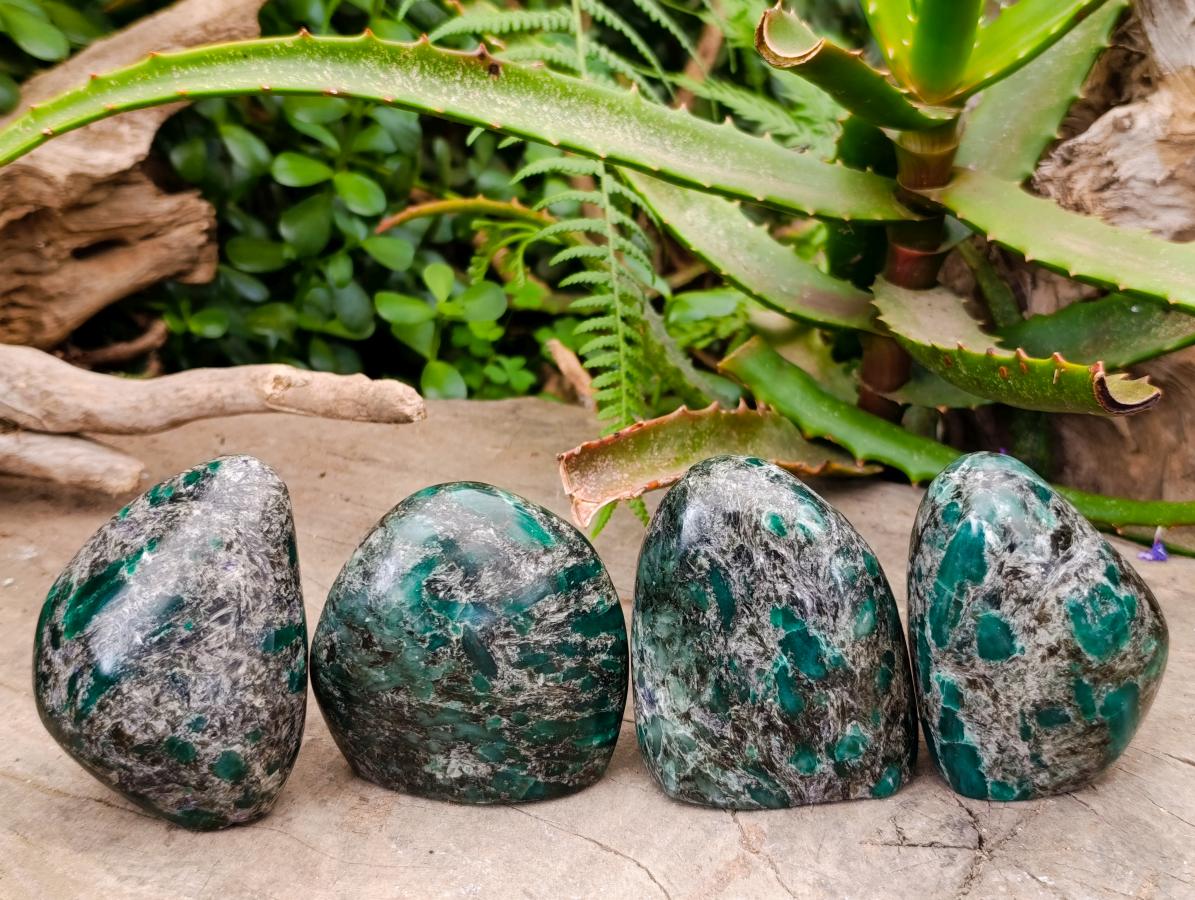 Polished Emerald Mica 'Mutokolite' Standing Free Forms x 4 From Mutoko, Zimbabwe