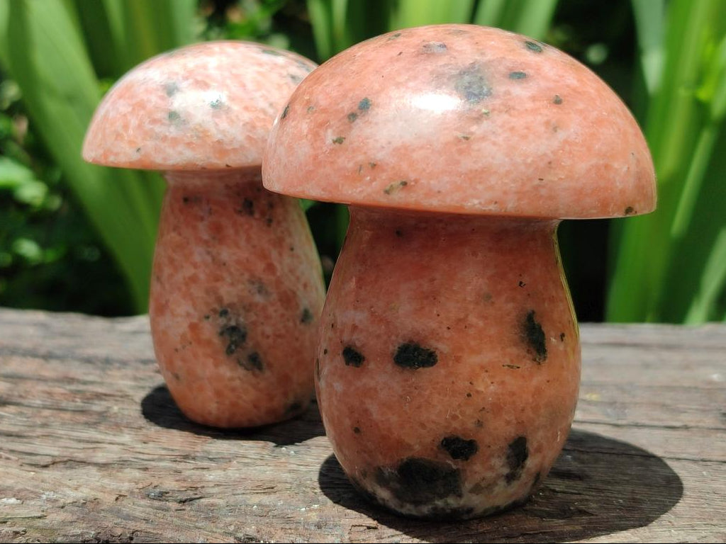 Polished Orange Calcite With Biotite Mushrooms x 6 From Madagascar