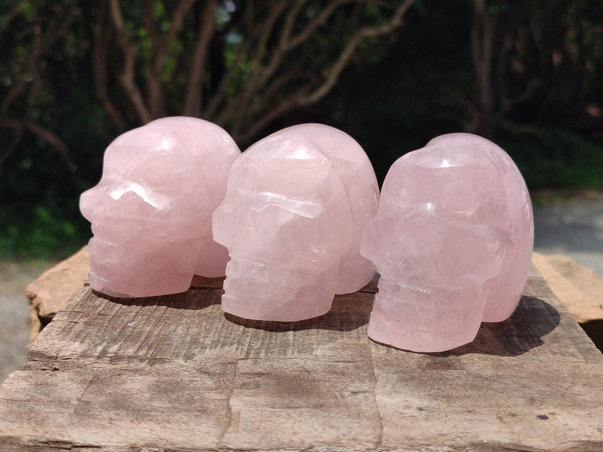 Hand Made Small Gemmy Rose Quartz Skulls x 4 From Madagascar