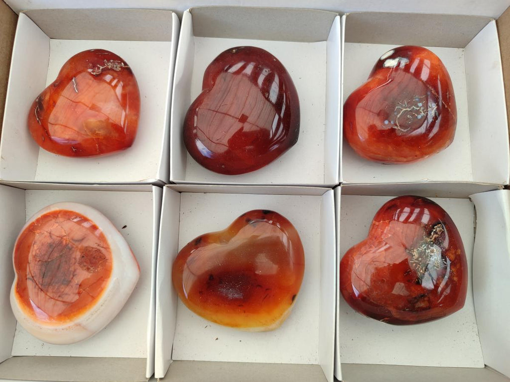 Polished Carnelian Agate Gemstone Hearts x 6 From Madagascar