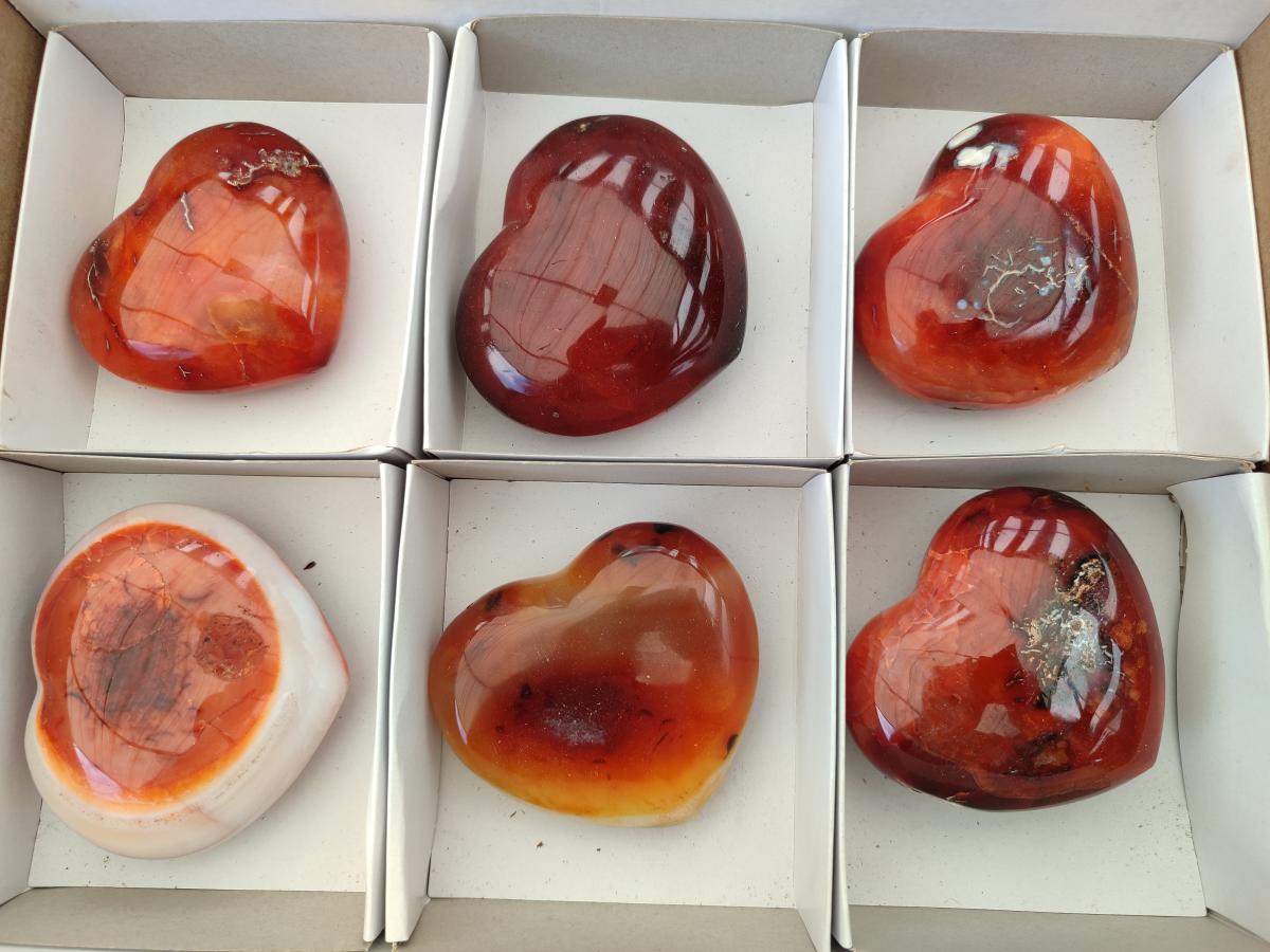 Polished Carnelian Agate Gemstone Hearts x 6 From Madagascar