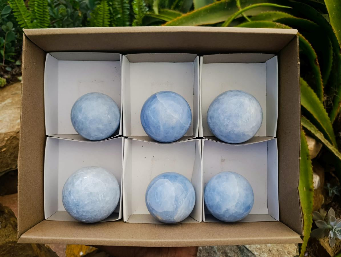Polished Blue Calcite Spheres x 6 From Madagascar