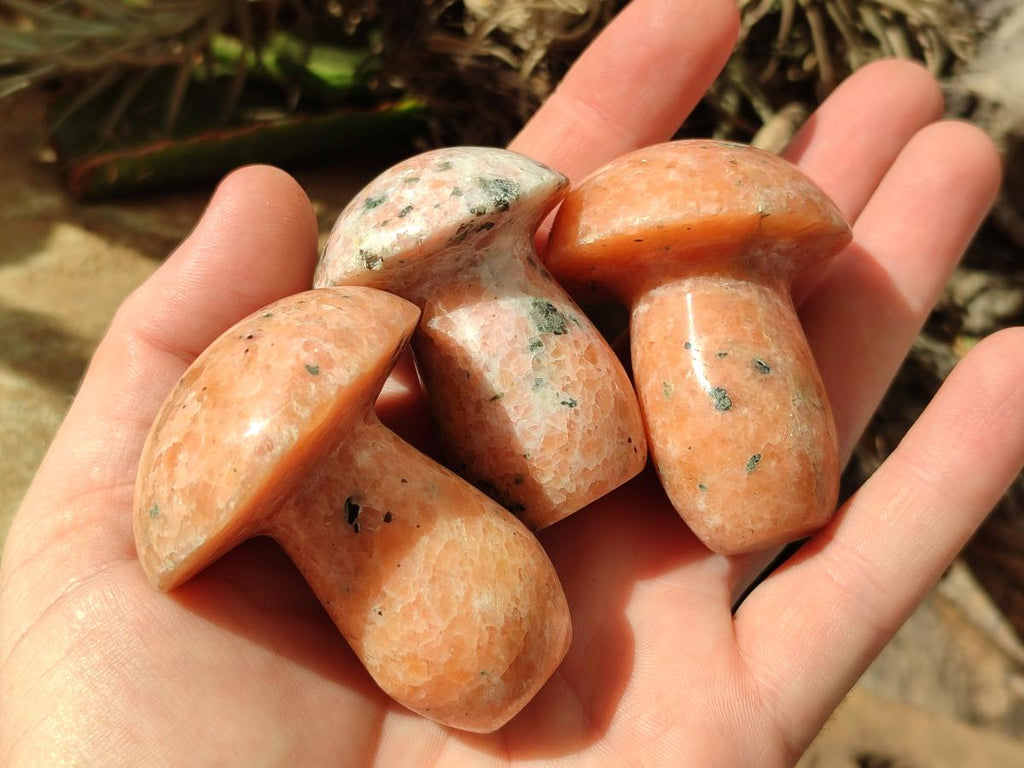 Polished Orange Calcite with Biotite Mushrooms x 12 From Madagascar