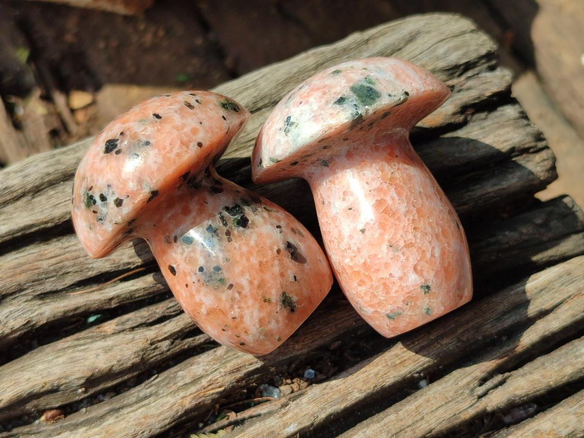 Polished Orange Calcite with Biotite Mushrooms x 12 From Madagascar