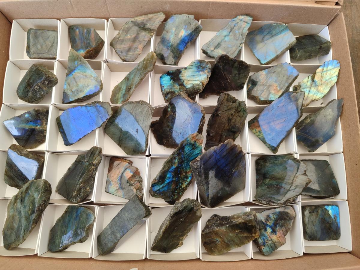 Polished On One Side Labradorite Slices x 35 From Tulear, Madagascar
