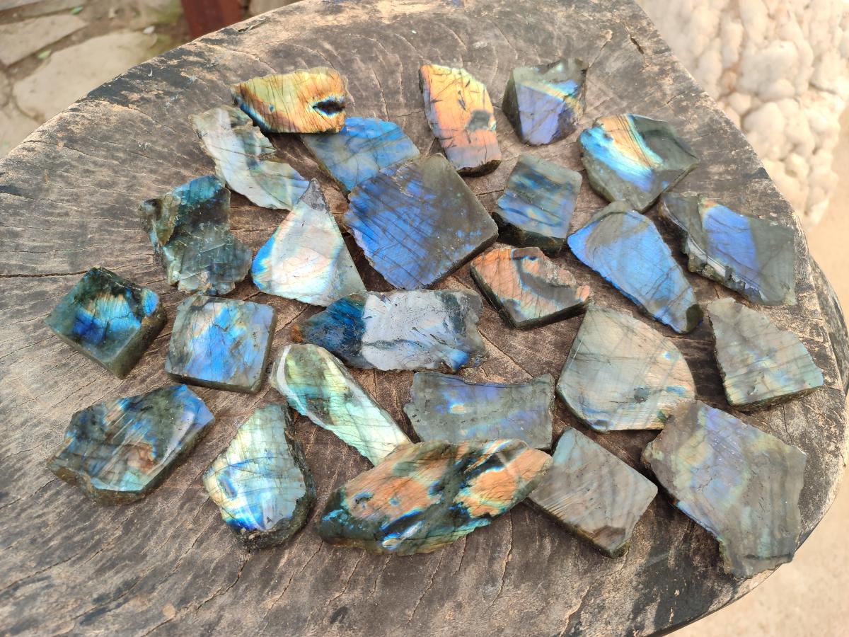 Polished On One Side Labradorite Slices x 35 From Tulear, Madagascar