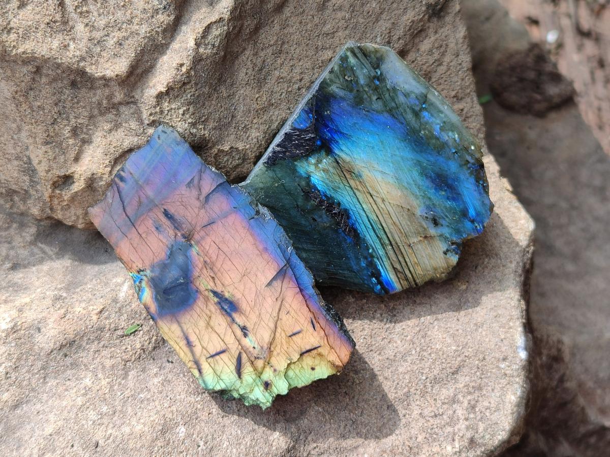 Polished On One Side Labradorite Slices x 35 From Tulear, Madagascar