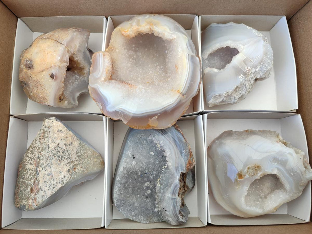 Polished Banded Agate with Crystalline Geodes x 6 From Maintirano, Madagascar