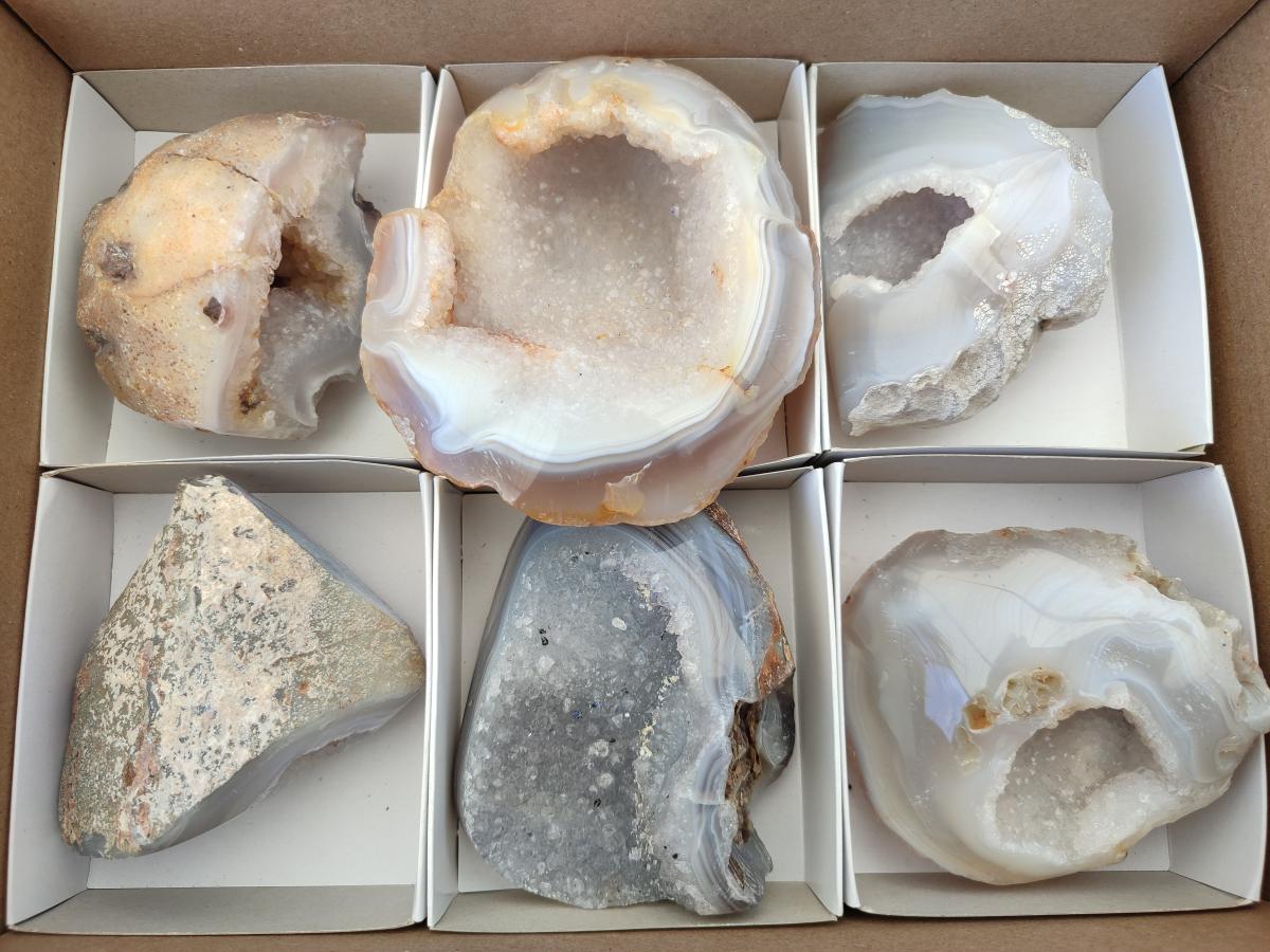 Polished Banded Agate with Crystalline Geodes x 6 From Maintirano, Madagascar