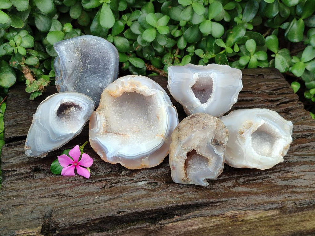 Polished Banded Agate with Crystalline Geodes x 6 From Maintirano, Madagascar