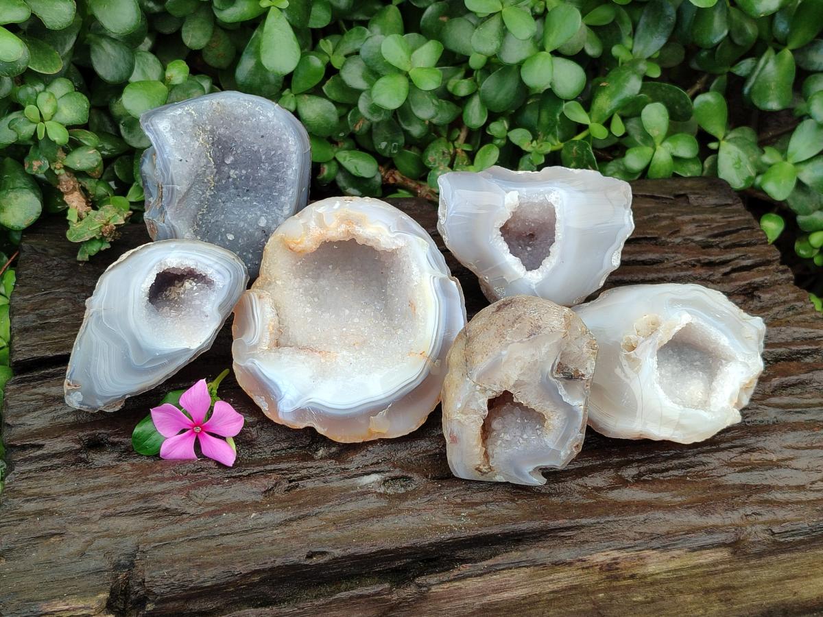 Polished Banded Agate with Crystalline Geodes x 6 From Maintirano, Madagascar