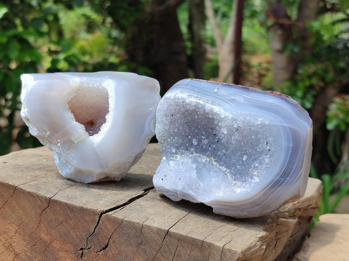 Polished Banded Agate with Crystalline Geodes x 6 From Maintirano, Madagascar