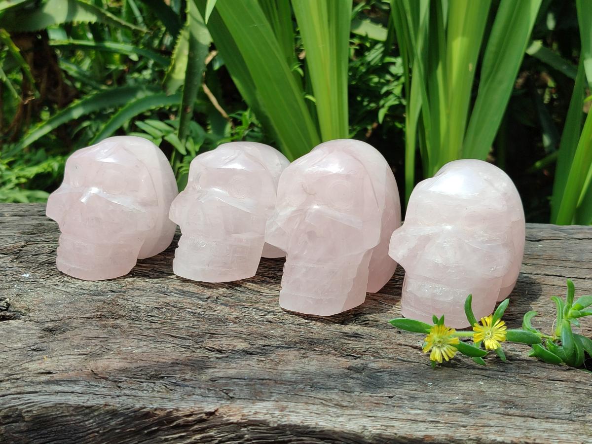 Hand Made Small Gemmy Rose Quartz Skulls x 4 From Madagascar
