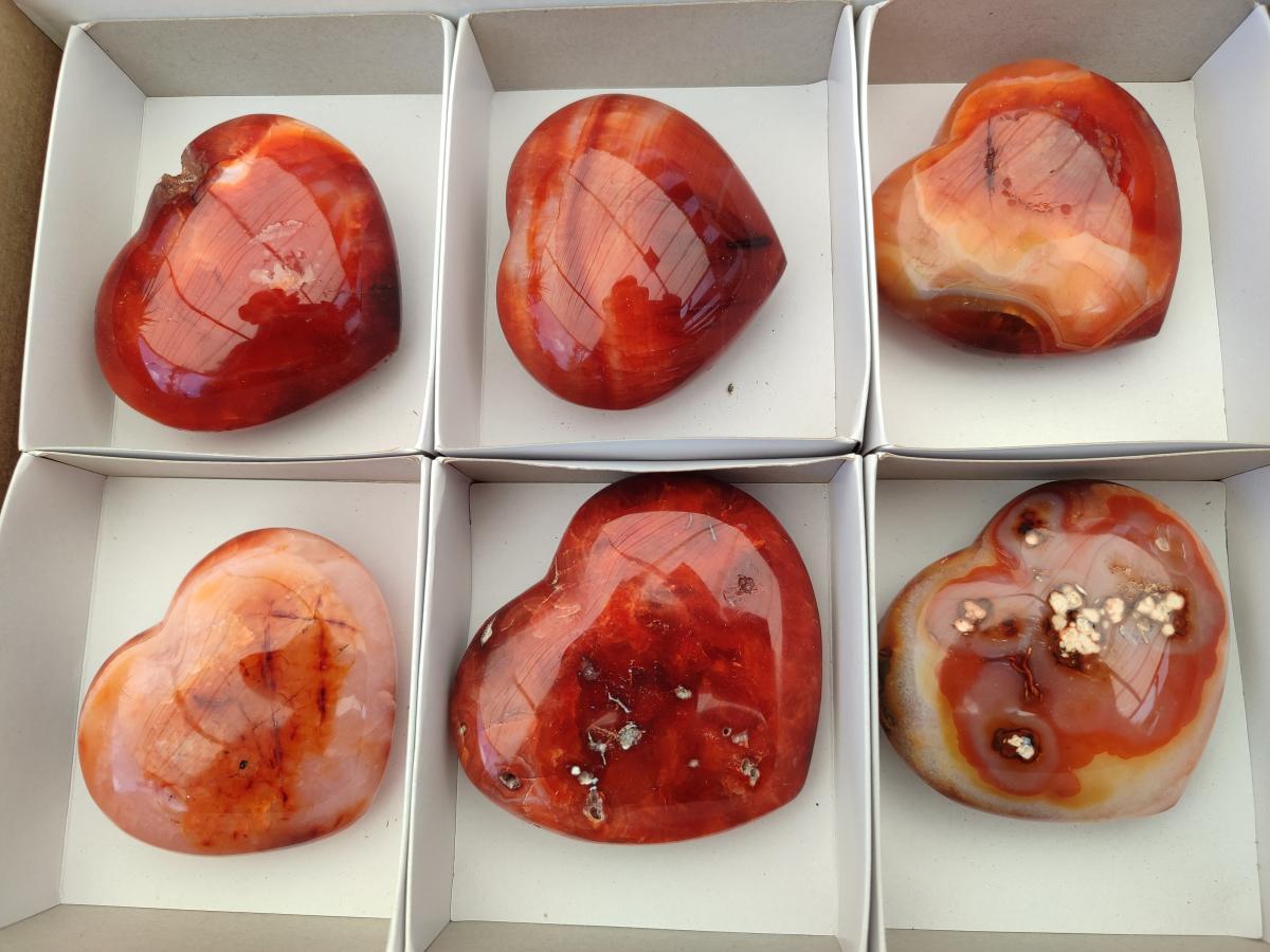 Polished Carnelian Agate Gemstone Hearts x 6 From Madagascar