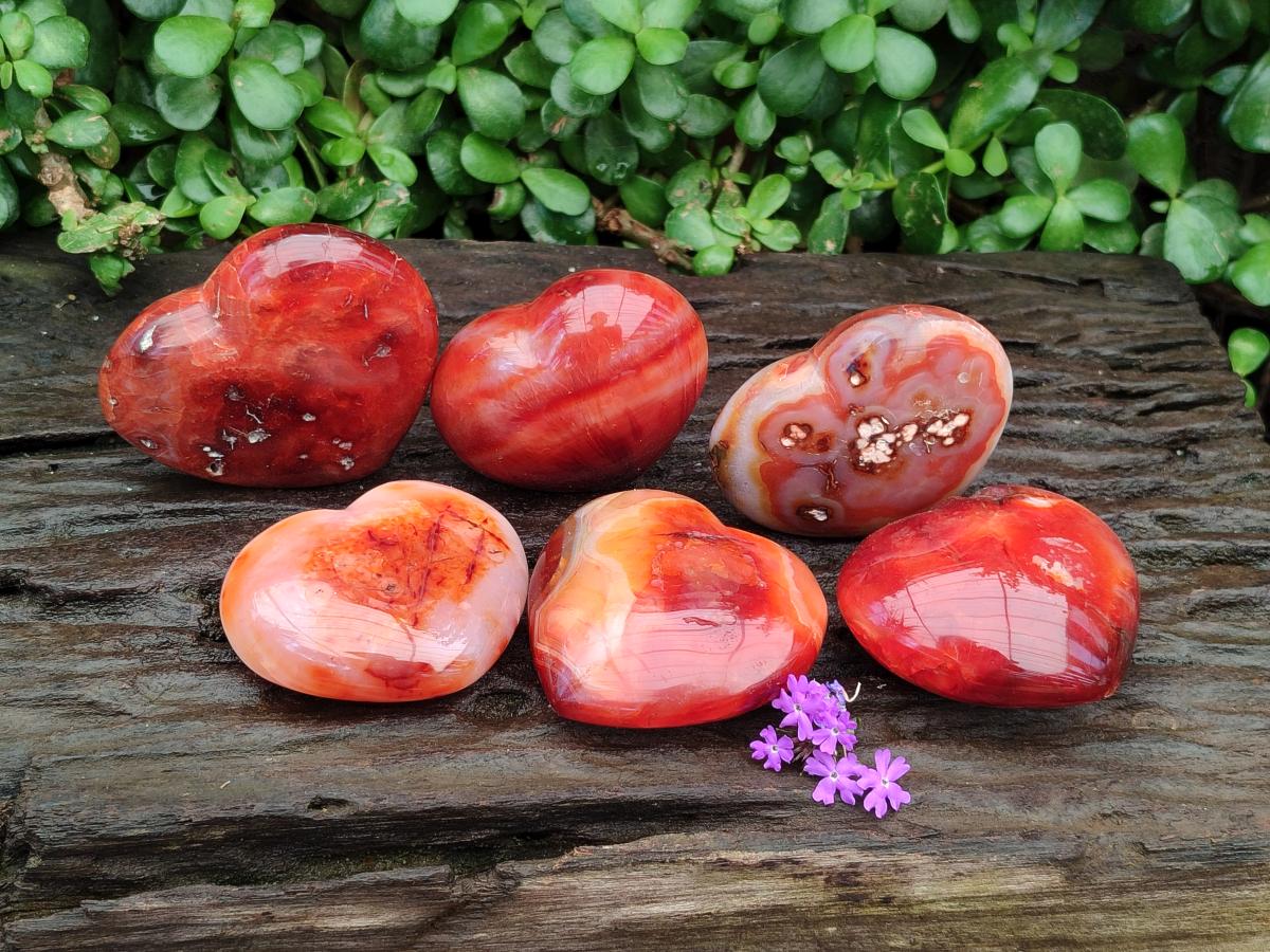 Polished Carnelian Agate Gemstone Hearts x 6 From Madagascar