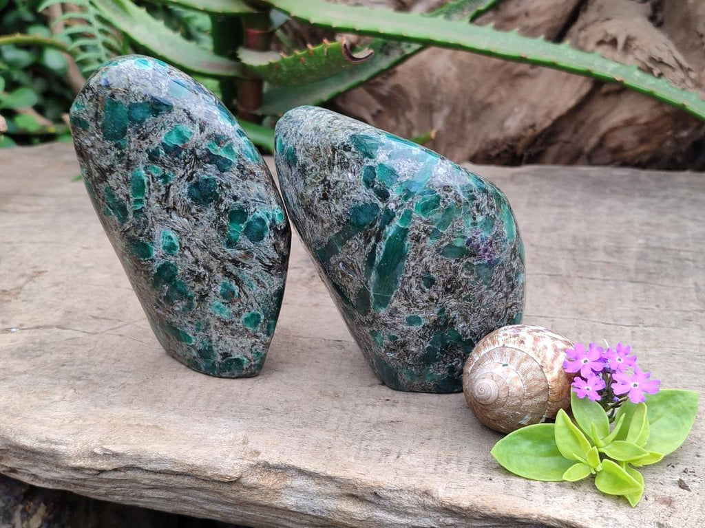 Polished Emerald Mica 'Mutokolite' Standing Free Forms x 2 From Mutoko, Zimbabwe