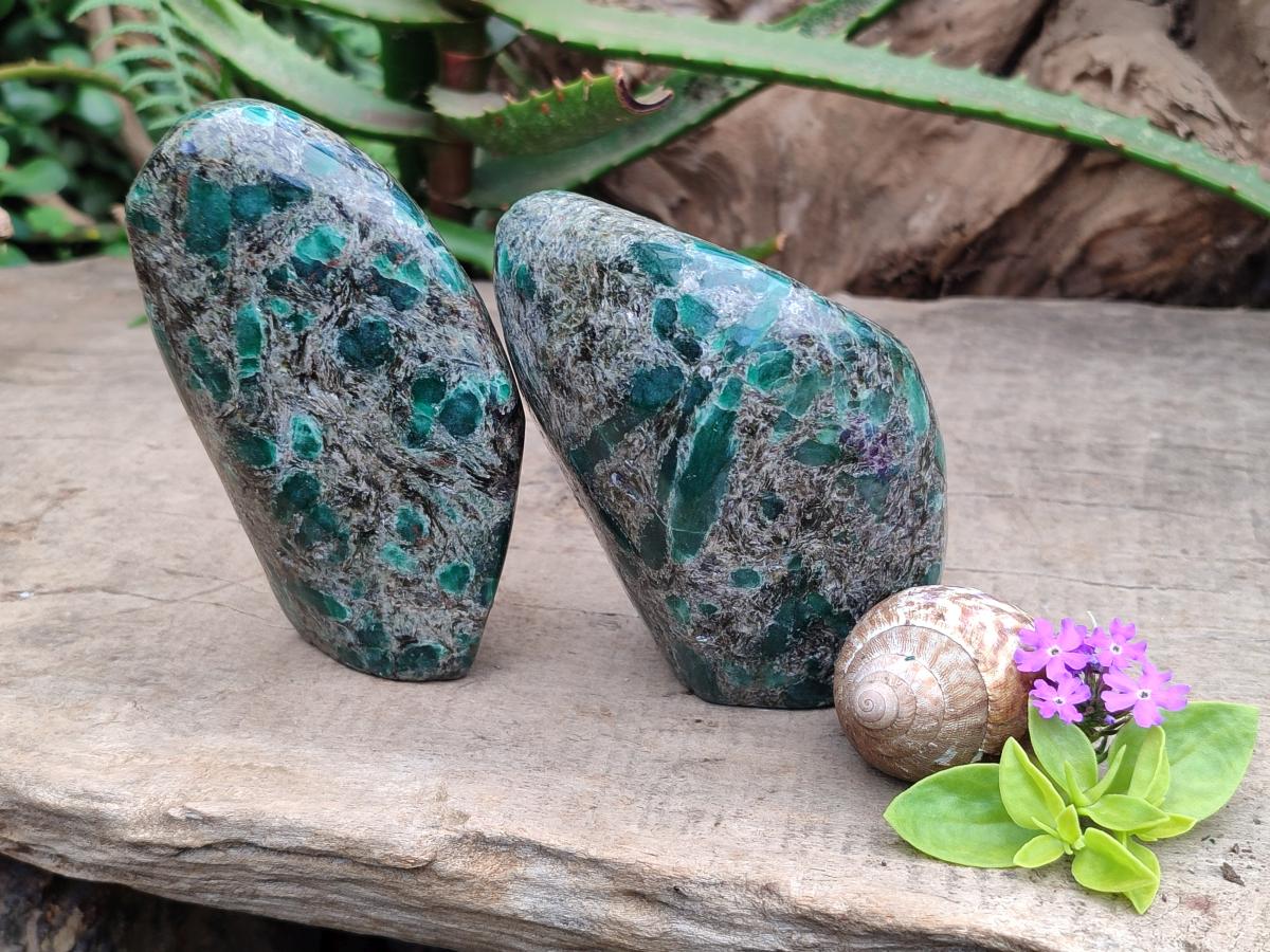 Polished Emerald Mica 'Mutokolite' Standing Free Forms x 2 From Mutoko, Zimbabwe