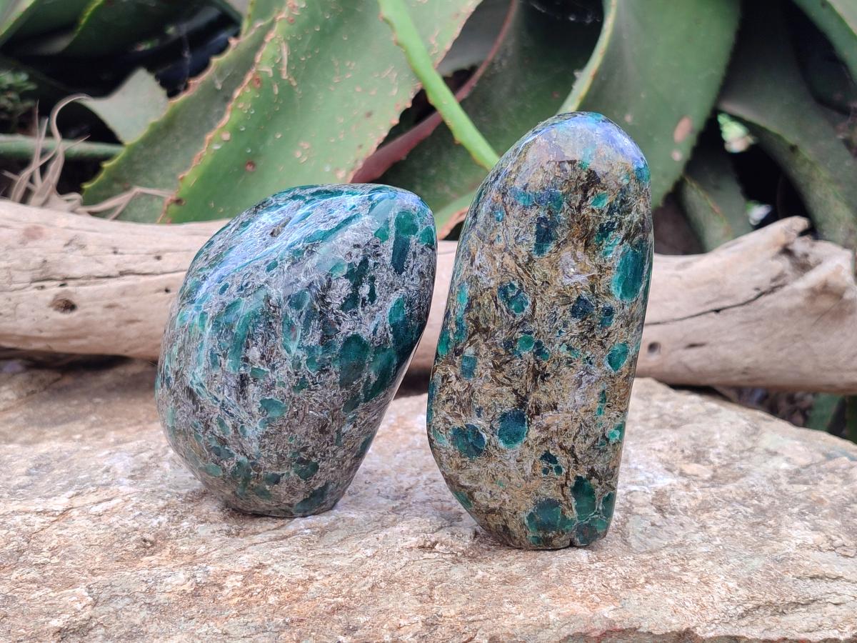 Polished Emerald Mica 'Mutokolite' Standing Free Forms x 2 From Mutoko, Zimbabwe
