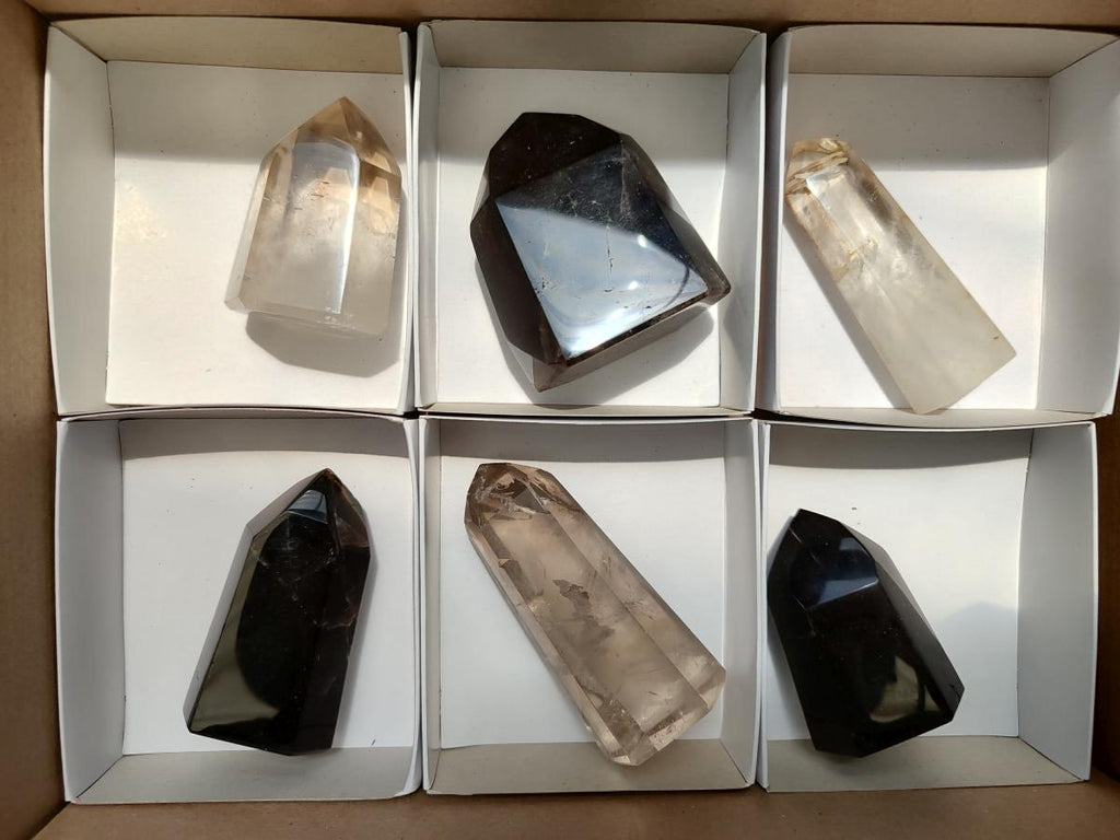 Polished Smokey Window Quartz Crystals x 6 From Madagascar