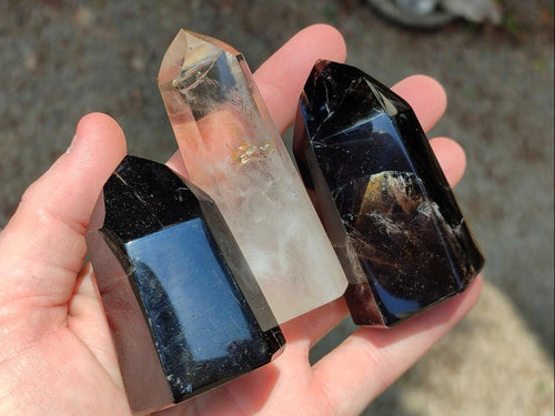 Polished Smokey Window Quartz Crystals x 6 From Madagascar - Toprock Gemstones and Minerals 