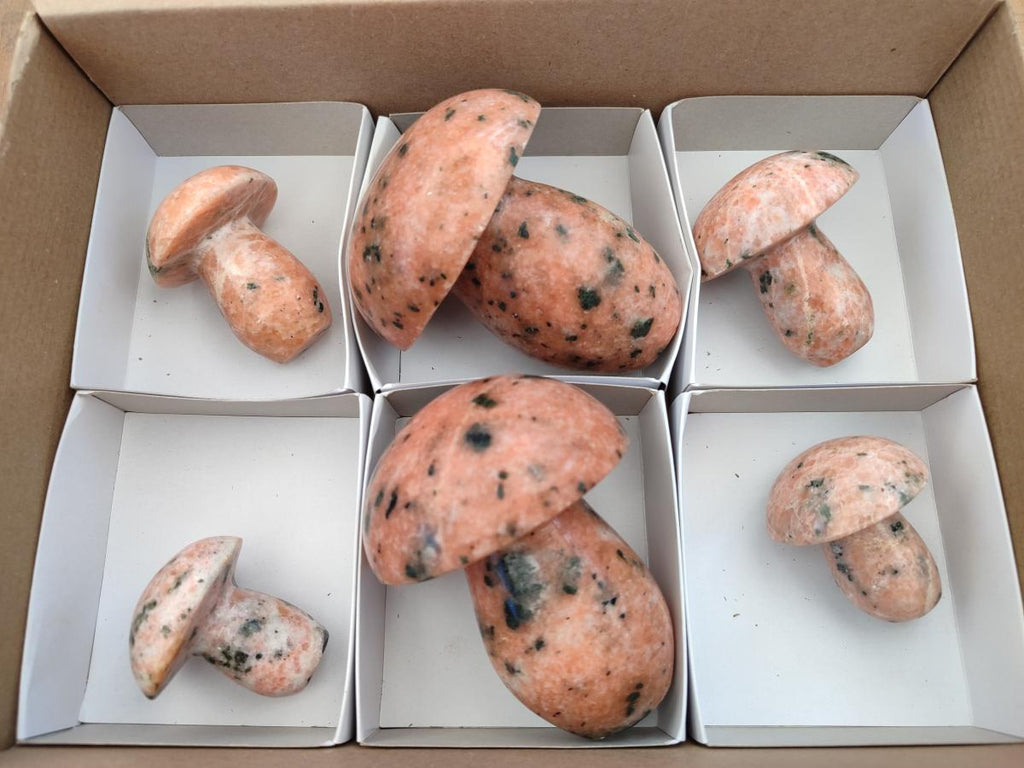 Polished Orange Calcite with Biotite Mica Mushrooms x 6 From Madagascar - Toprock Gemstones and Minerals 