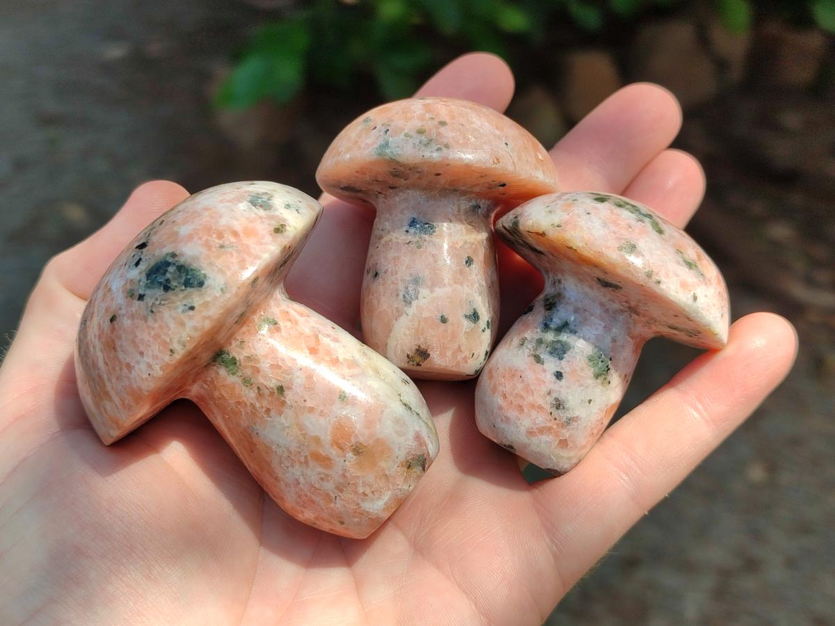 Polished Orange Calcite with Biotite Mica Mushrooms x 6 From Madagascar - Toprock Gemstones and Minerals 