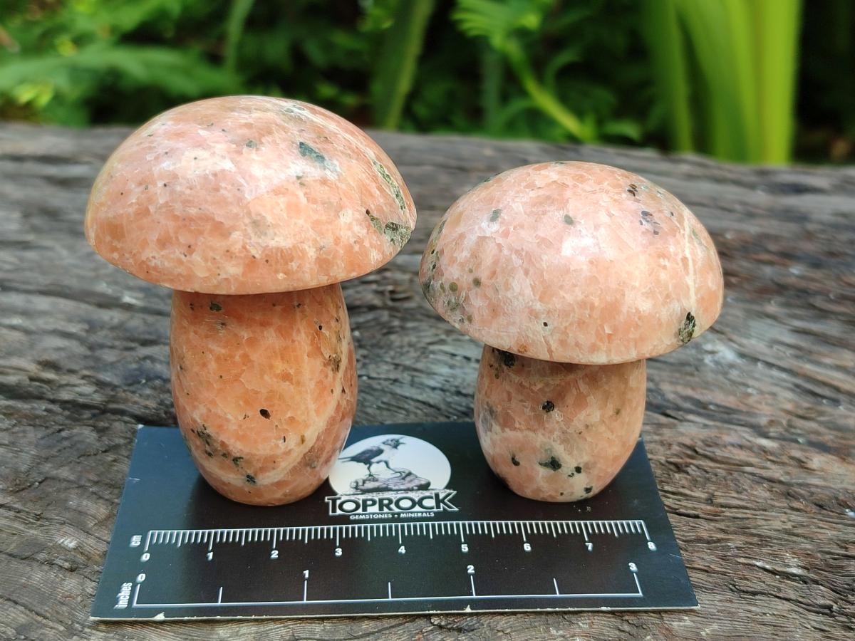 Polished Orange Calcite with Biotite Mica Mushrooms x 6 From Madagascar - Toprock Gemstones and Minerals 