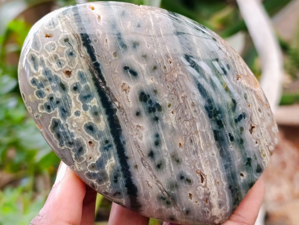 Polished Ocean Jasper Standing Free Forms x 2 From Northwest Coast, Madagascar
