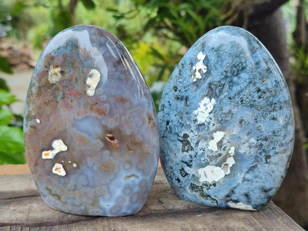 Polished Ocean Jasper Standing Free Forms x 3 From Northwest Coast, Madagascar